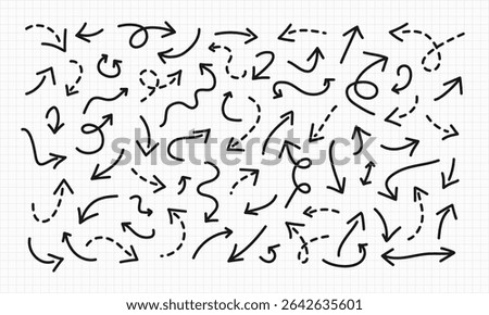 Hand drawn curved doodle Arrows collection on checkered notebook sheet. Short long freehand dotted lines. Editable brush stroke element banner poster infographic. Black various direction orientation.