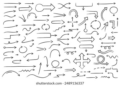 Handgezeichnete gekrümmte Doodle Kreide Pfeile Kollektion, Vektorgrafik eps10 Illustration