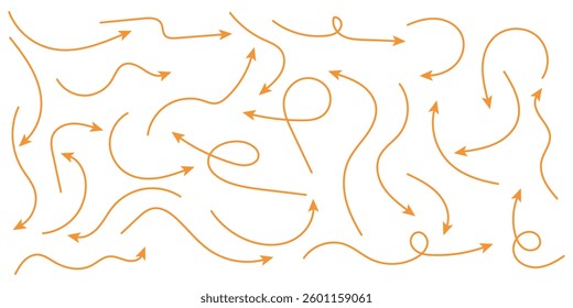 Hand drawn curved, doodle, and zigzag dotted arrow collection. Simple directional lines in orange color. Hand drawn arrows icons vector design. Swirls arrows doodle lines icon set