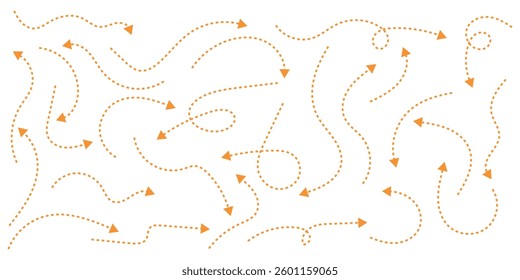 Hand drawn curved, doodle, and zigzag dotted arrow collection. Simple directional lines in orange color. Hand drawn arrows icons vector design. Swirls arrows doodle lines icon set