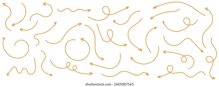 Hand drawn curved, doodle, and zigzag dotted arrow collection. Simple directional lines in orange color. Hand drawn arrows icons vector design.