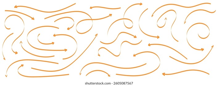 Hand drawn curved, doodle, and zigzag dotted arrow collection. Simple directional lines in orange color. Hand drawn arrows icons vector design.