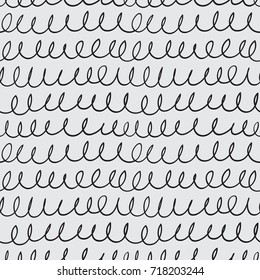 Hand drawn curved lines and loops seamless pattern. Loose treads with curls doodle texture. Modern scribble design. Decorative vector background for print, textile, or web use.