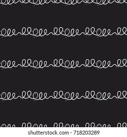 Hand drawn curved lines and loops seamless pattern. Loose treads with curls and dots doodle texture. Decorative scribble vector background for print, textile, or web use.