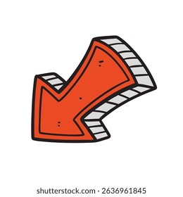 Hand drawn curved red arrow pointing down left with thick black outline and 3D effect. Ideal for infographics, directions, UX UI design, comic elements, and promotional visuals.