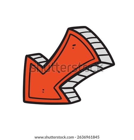 Hand drawn curved red arrow pointing down left with thick black outline and 3D effect. Ideal for infographics, directions, UX UI design, comic elements, and promotional visuals.