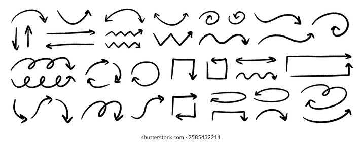 Hand drawn curved, squared and straight arrow set. Black grunge sketch arrow collection. Doodle sketch pointer and direction lines. Wavy zigzag brush stroke bundle for flyer, poster, brochure. Vector