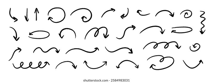 Hand drawn curved and straight arrow set. Black grunge sketch arrow collection. Doodle sketched pointers and direction lines. Wavy and zigzag brush stroke bundle for flyer, poster, brochure. Vector