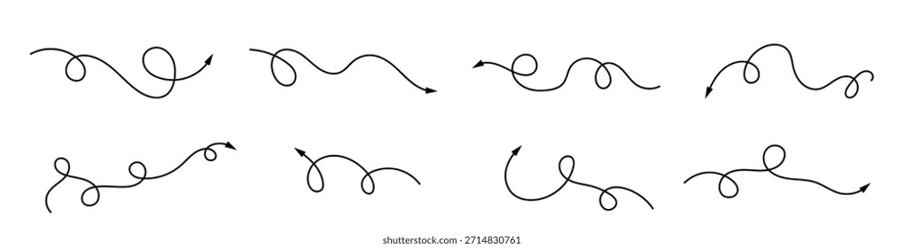 Hand drawn curved and straight arrow set. Black grunge sketch arrow collection. Doodle sketched pointers and direction lines. Wavy and zigzag brush stroke bundle.