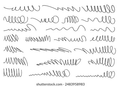 Hand drawn curvy lines drawn by pen. Doodle artistic strokes. Ink grunge brushes