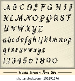 Hand drawn custom font set in black with guides isolated on ivory background