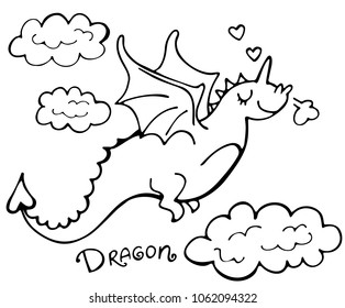 Hand drawn cut dragon, cloud and heart isolated on white. Couple in love. Vector illustration. Perfect for print, coloring book, greeting card.