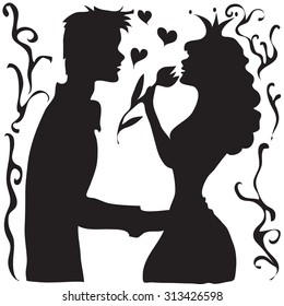 Hand drawn cut out black and white silhouette a princess and prince. Couple in love. Design for your wedding invitation, Valentine's day card.