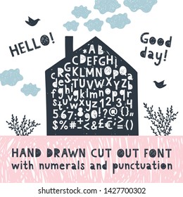 Hand drawn cut out font with numerals and punctuation. Vector illustration.