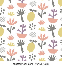 Hand drawn cut paper seamless pattern, flowers, tropical plants and fruits. Vector illustration. Textile print, modern decoration elements, scandinavian style.