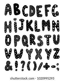 Hand drawn cute ABC for kids with signs. Black doodle alphabet filled with patterns. Set of letters, isolated design elements. Hand drawn vector black and white illustrations. Cartoon, doodle.