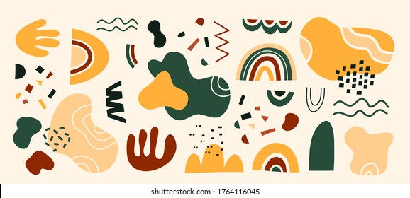 Dibujaron a mano elementos de diseño abstracto adorables. El vector del doodle arcoiris mancha doodle sin forma. Diseño para tela, blog, red social, trabajo artístico. Manchas de moda amarillas, verdes, rojas y de moda en un fondo beige