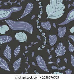Hand drawn cute abstract purple, blue tropical leaves and flowers design seamless pattern on dark background. Vector illustration for fabric, textile.