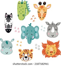Hand drawn cute african baby animals heads in scandinavian style. Isolated illustration with lion, giraffe, rhinos, hippo, elephant, cheetah, zebra and crocodile.