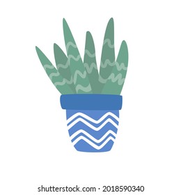 Planta de aloe vera adorable dibujada a mano que crece en olla azul. Aloe en la olla. Ilustración vectorial de la flor de la planta de hogar. Ilustración moderna de estilo moderno.