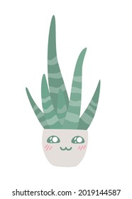 Handgezeichnete süße Aloe Vera Pflanze, die im Topf wächst. Kawaii Aloe im Topf. Blumenktopf für Haustiere, Vektorgrafik. Moderne Illustration im modernen Stil.