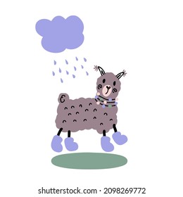 Hand drawn cute alpaca in boots walking in the rain. Perfect for T-shirt, greeting card and print. Doodle vector illustration for decor and design.