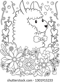 Hand drawn Cute Alpaca with flowers element vector doodle. Black and white lines