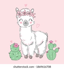 Ilustración de vectores de flor y llama de la alpaca corta de mano 