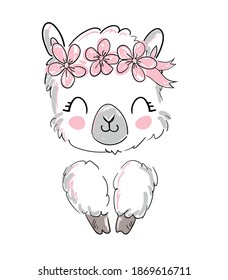 Hand Drawn Cute Alpaca, Llama and flowers Vector Illustration 