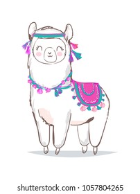 Hand Drawn Cute Alpaca, Tribal Llama Vector Illustration