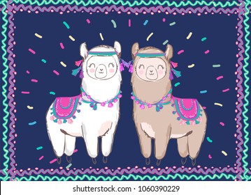 Hand Drawn Cute Alpaca, Tribal Llama Vector Illustration