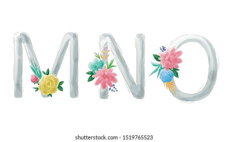 hand drawn cute alphabet with flower decorations. This design can be used for print and print media