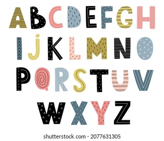 Hand drawn cute alphabet for kids. Bright multicolored letters. Perfect for education, design of postcards, posters, children's room. Vector illustration