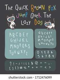 Hand drawn cute alphabets upper, lower case, number and sign letters set. Flat doodle hand write typography with example sentences.