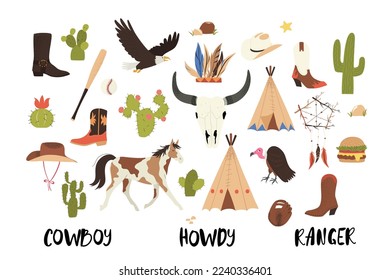 Hand drawn cute American Wild West symbols, isolated on white vector illustration in flat style with textured effect