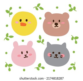 Hand drawn cute animal character illustration set. Chick, bear, rabbit, cat.