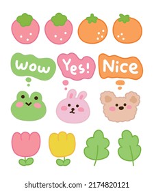 Hand drawn cute animal character illustration set. Frog, rabbit, puppy, strawberry, orange, flower, leaf collection.