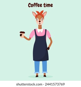 Hand drawn cute animal  character deer barista with coffee cup