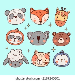Hand drawn cute animal face illustration, animal face seamless pattern, cute animal character