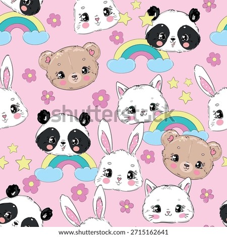 Hand Drawn Cute animal faces seamless pattern on pink background vector illustration