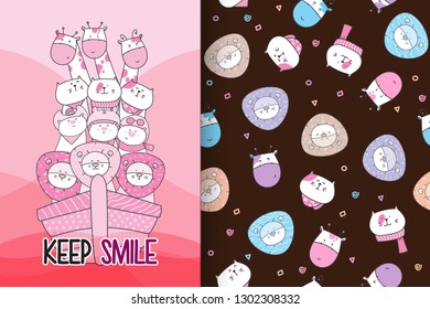Hand drawn cute animal with pattern vector set-vector