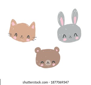 Hand Drawn Cute animales de oso, gato y conejo vectores impresión a la moda, diseño para niños