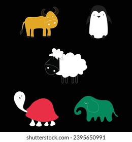 Hand drawn cute animals. Buffalo, penguin, sheep, turtle and elephant.