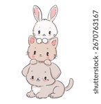 Hand Drawn cute animals, bunny kitten and puppy illustration, kawaii cartoon character drawing for kids, baby print and t-shirt design