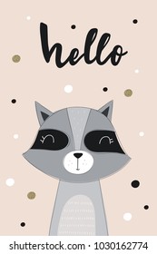 Hand drawn cute Animals, cards or poster for baby shower. Raccoon