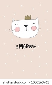 Hand drawn cute Animals, cards or poster for baby shower. Cute cat