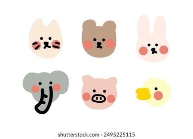 Hand drawn cute animals character head set. Cat, rabbit, bear, elephant, pig, duck. Use for greeting card, invitation, postcard, book, poster. Flat childish cartoon vector isolated illustration