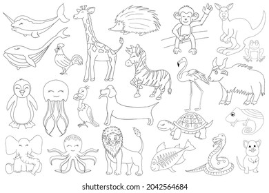 Hand drawn cute Animals collection isolated in a white background, wildlife Animals Large Set 