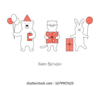 Hand drawn cute animals for happy birthday on white. Bear, cat and rabbit with gifts and balloons wish you a happy birthday. Vector illustration in cartoon style.