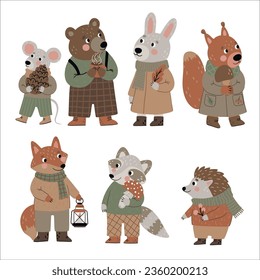 
Hand drawn cute animals: hare, fox, raccoon, hedgehog, bear, squirrel, mouse. Vector illustration, Cartoon style